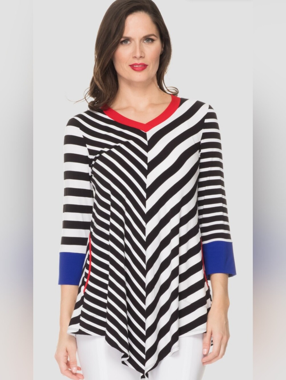 Joseph Ribkoff V-neck 3/4 Length Sleeve Black And White Striped Stretchy Tunic